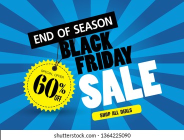 Sale banner template design, 60% Black friday sale. end of season special offer banner. Shop all deals. vector illustration