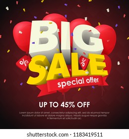 Sale banner template design. Big sale special offer. Seasonal discounts. 3d inscription and red balloons on a dark background. Sale poster for the site and promo ads. Fashionable Vector Illustration.