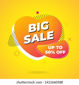Sale banner template design. Big sale shop now on abstract liquid shape. Flat geometric gradient colored graphic element in heart fluid form on yellow background. Modern vector illustration