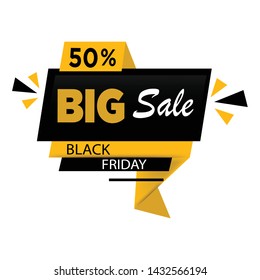 Sale banner template design. Big sale special offer. Special offer banner for poster, flyer, brochure, sticker. Vector illustration. Black and orange folded ribbon with 50 percent discount.