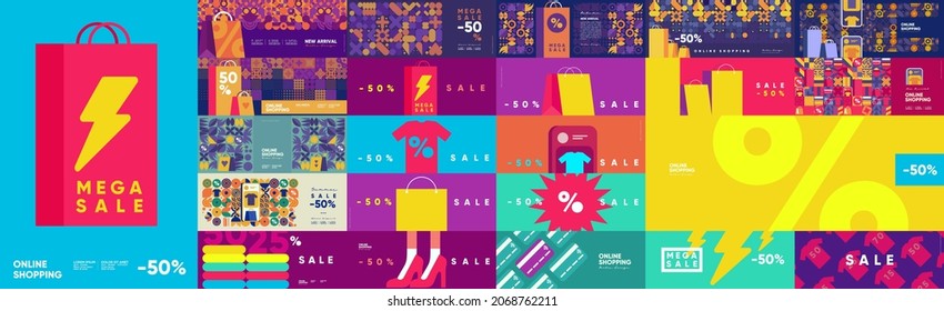Sale banner template design. Big set. Collection of vector illustrations. Simple, flat design. Patterns and backgrounds. Perfect for poster, cover, banner.