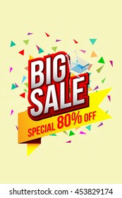 Sale banner template design, Big sale special up to 80% off on red ribbon. vector illustration.