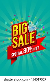 Sale banner template design, Big sale special up to 80% off on red ribbon. vector illustration.