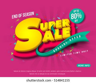 Sale banner template design, Big sale special up to 80% off. Super Sale, end of season special offer banner. vector illustration.