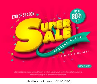 Sale banner template design, Big sale special up to 80% off. Super Sale, end of season special offer banner. vector illustration.