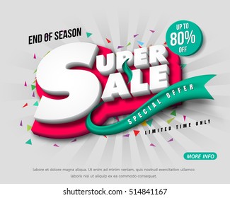 Sale banner template design, Big sale special up to 80% off. Super Sale, end of season special offer banner. vector illustration.