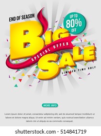 Sale banner template design, Big sale special up to 80% off. Super Sale, end of season special offer banner. vector illustration.