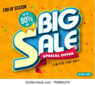 Sale banner template design, Big sale special up to 80% off. Super Sale, end of season special offer banner. vector illustration.