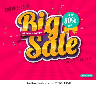 Sale banner template design, Big sale special up to 80% off. Super Sale, end of season special offer banner. vector illustration.