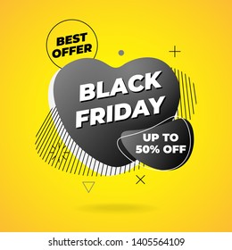 Sale banner template design. Black friday best offer on abstract liquid shape. Flat geometric gradient colored graphic element in heart fluid form on yellow background. Vector illustration