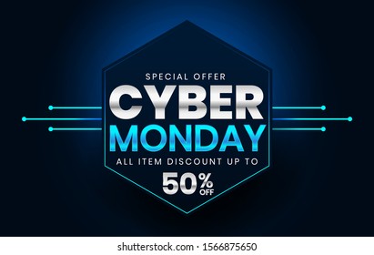 Sale banner template design with blue light effect on dark background, Cyber Monday special offer sale up to 50% off.
