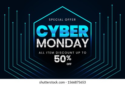 Sale banner template design with blue light effect on dark background, Cyber Monday special offer sale up to 50% off.