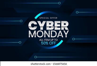 Sale banner template design with blue light effect on dark background, Cyber Monday special offer sale up to 50% off.