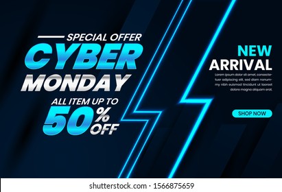 Sale banner template design with blue light effect on dark background, Cyber Monday special offer sale up to 50% off.