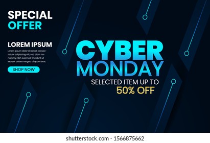 Sale banner template design with blue light effect on dark background, Cyber Monday special offer sale up to 50% off.