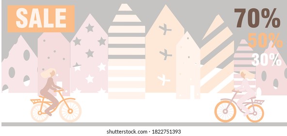 
Sale banner template design. Delicate background for advertising. Two girls ride bicycles. Sale of goods in stores. Modern stylish flat illustration.