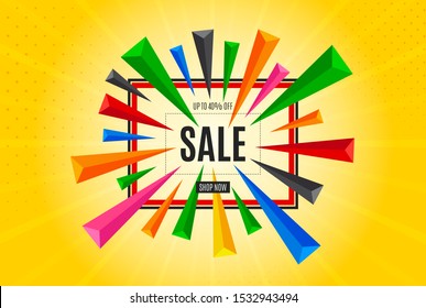 Sale banner template design. Discounts up to 40 percent off. Shop now button. Discount frame badge. Colored triangles design. Sale background. Vector banner