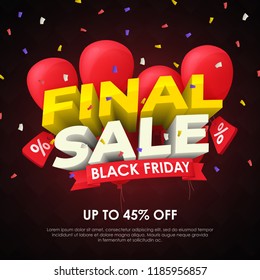 Sale banner template design. Final sale special offer. Seasonal discounts. 3d letters and red balloons on a dark background. Template for ads in social networks. Fashionable vector Illustration 