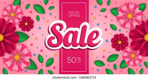 Sale banner template design with floral background, flyer, poster, card or website. Vector Illustration