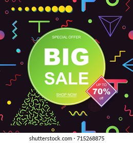 Sale banner template design. Geometric pattern in the Memphis style, 80s, 90s. EPS10 Vector illustration.