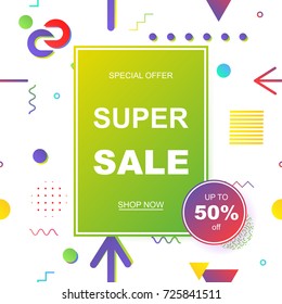 Sale banner template design. Geometric pattern in the Memphis style, 80s, 90s. EPS10 Vector illustration.
