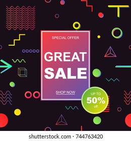 Sale banner template design. Geometric pattern in the Memphis style, 80s, 90s. EPS10 Vector illustration.