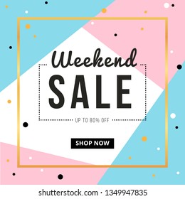 Sale banner template design with gold square frame and weekend sale word. Social media banner template, voucher, discount, season sale