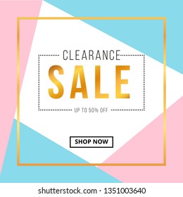 Sale banner template design with gold square frame and clearance sale word. Social media banner template, voucher, discount, season sale