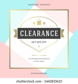 Sale banner template design with gold frame and clearance get off message vector illustration. Social media mobile apps post template, voucher discount season sale poster with geometric background.