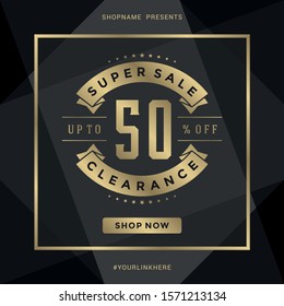Sale banner template design with gold frame and super sale message vector illustration. Social media mobile apps banner template, voucher discount season sale poster with geometric background.