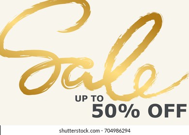 Sale banner template design in gold and white colors. Handwritten Sale