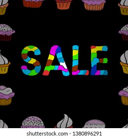 Sale banner template design. Lettering. Picture in black, white and blue colors. Seamless.