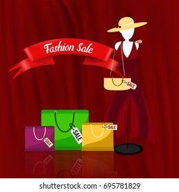 Sale banner template design with mannequin and shopping bags.