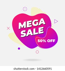 Sale banner template design. Mega sale on abstract liquid shape. Flat geometric gradient colored graphic element in heart fluid form. Modern vector illustration