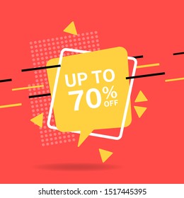 Sale banner template design. Modern, up to 70% off  vector illustration. Special offer, limited time discount tag for web