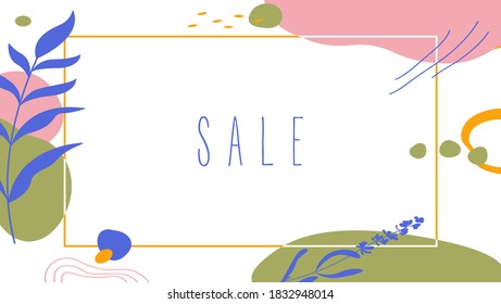 Sale banner template design on white background. Vector fashion background illustration with abstract forms, plants and leaves.