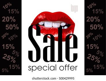 Sale banner template design on white background with bitting lips. Vector illustration