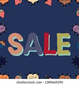 Sale banner template design. Picture in blue, violet and pink colors. Lettering. Vector illustration. Seamless pattern. Simple patches, poster, badges in pop art style.