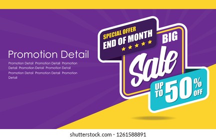 Sale banner template design, poster, Special Offer And Of Month, discounts, up to 50% off. Vector illustration. Store label. Communication poster