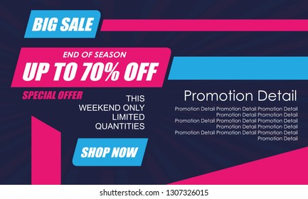 Sale banner template design, poster, End of Season Big Sale, discounts, up to 70% off. Vector illustration. Store label. Communication poster - Vector