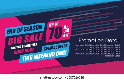 Sale banner template design, poster, End of Season Big Sale, discounts, up to 70% off. Vector illustration. Store label. Communication poster - Vector