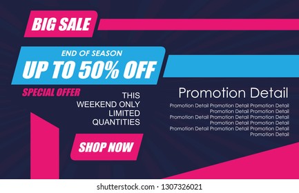 Sale banner template design, poster, End of Season Big Sale, discounts, up to 50% off. Vector illustration. Store label. Communication poster - Vector