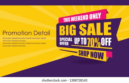 Sale Banner Template Design, Poster, This Weekend Special Offer Sale, Discounts, up to 70% off. Vector Illustration. Store Label. Communication Poster - Vector