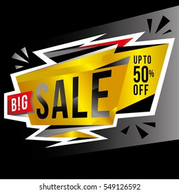 Sale banner template design, poster, sign, sticker. Big sale, discounts, up to 50% off. Vector illustration. Store label. Communication poster.
