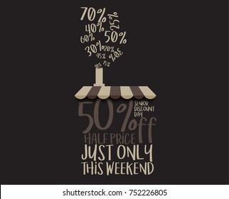 Sale banner template design, senior discount day 50% off. Vector illustration for print, websites, web design, mobile app, infographics. Dark background.