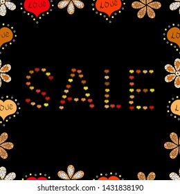 Sale banner template design. Simple patches, poster, badges in cute art style. Vector. Seamless. Lettering. Illustration in yellow, black and orange colors.