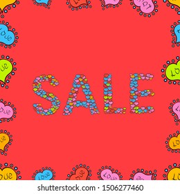 Sale banner template design. Simple patches, poster, badges in cute art style. Illustration in blue, black and orange colors. Seamless. Vector. Lettering.