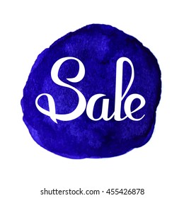 Sale banner template design. Simple message card. Hand drawn lettering poster. Vector illustration. Modern brush calligraphy. Isolated on blue watercolor background. Clearance event.