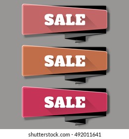 sale banner template design. Sale theme web banner set. Vivid translucent plastic cards with shadows. Vector illustration.