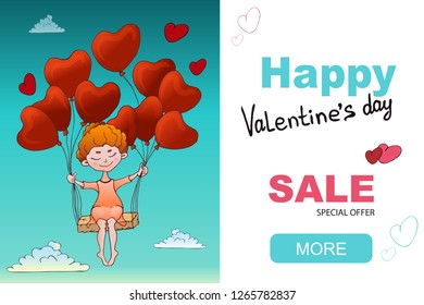 Sale banner template design. Valentine's Day greeting card for print.A little girl on balloons flying in the sky.